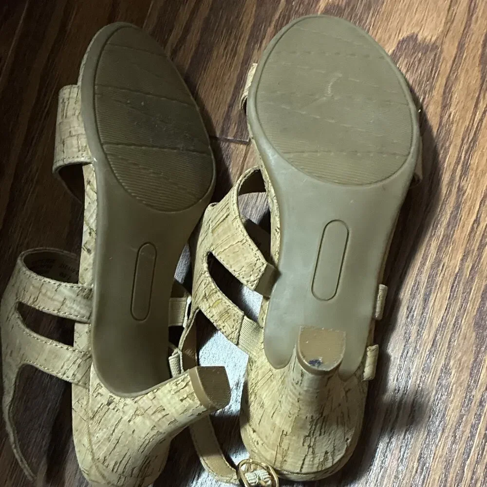 Kim Rogers Cork Strappy Buckle Comfort Open Toe Heels Beige Womens 7.5M